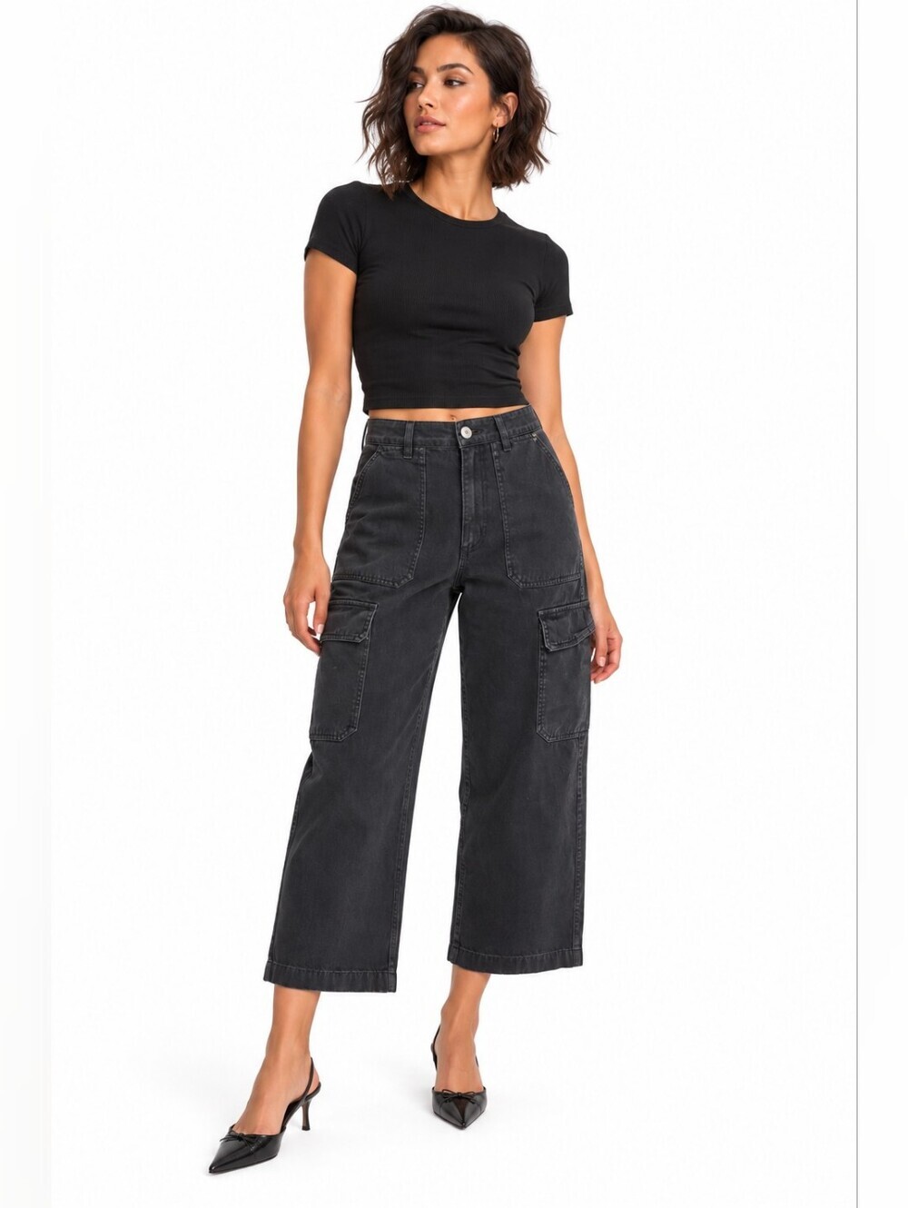 Zara Washed Black Cargo Pants Wide Leg Cropped Utility Jeans Size 4